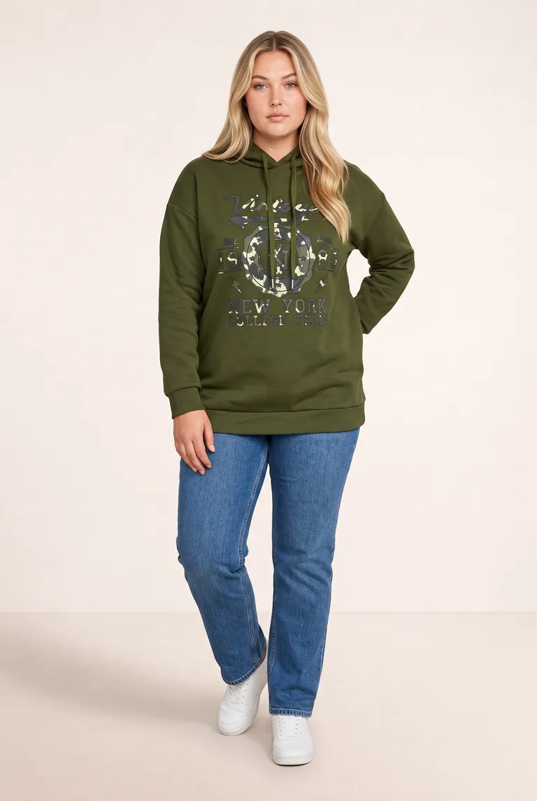 Kapüşonlu Yazı Baskılı Pamuk Karışımlı Büyük Beden Sweatshirt